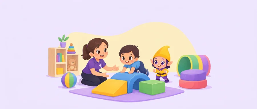 Una educadora acompaña a un niño que gatea sobre un módulo de gomaespuma mientras Chupi le anima en la sala de psicomotricidad