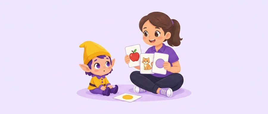 Una educadora sentada en el suelo muestra tarjetas con una manzana y un gato a Chupi, que la mira con atención