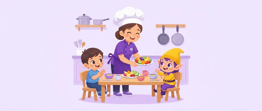 La cocinera de la escuela sirve un plato de fruta y verdura a un niño y a Chupi, sentados a la mesa de la cocina
