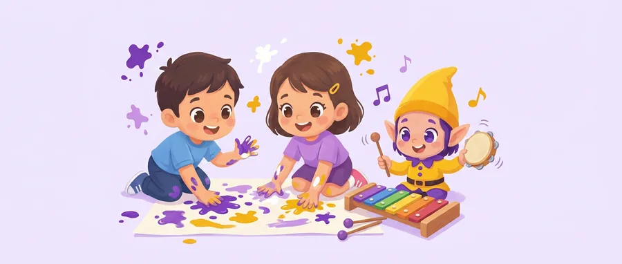 Dos niños pintan con las manos sobre un papel mientras Chupi toca la pandereta junto a un xilófono de colores