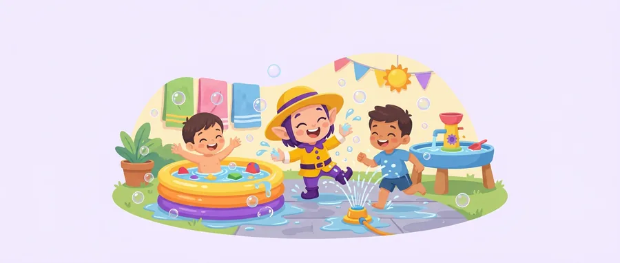 Chupi con sombrero de sol juega con el aspersor y las burbujas en el patio, junto a una piscina hinchable y una mesa de agua