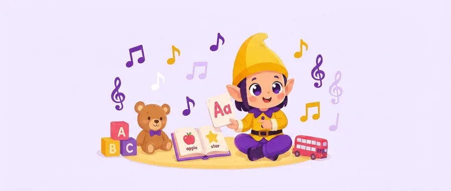 Chupi sentado con una tarjeta de la letra A, un cuento abierto con las palabras apple y star, cubos ABC y un autobús inglés de juguete