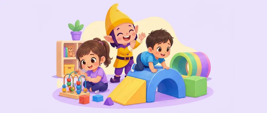 Una niña ensarta cuentas de colores en un laberinto de madera mientras un niño gatea sobre un túnel de gomaespuma y Chupi los anima